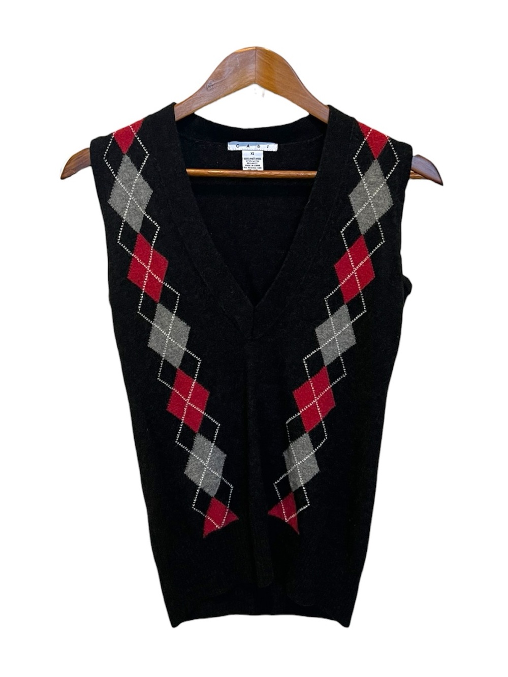Cabi Sleeveless Sweater Vest 100% Lamb’s Wool V-Neck Argyle Size XS